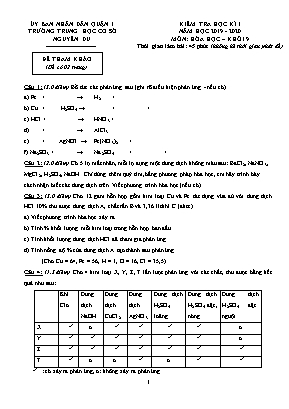 Đề tham khảo kiểm tra học kỳ I môn Hóa học Lớp 9 - Năm học 2019-2020 - Trường THCS Nguyễn Du